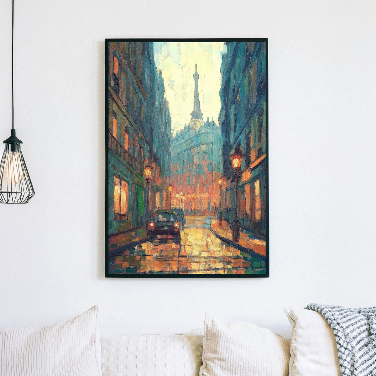 Oil wall art of a rainy Paris street at dusk, with glowing streetlights reflecting off the wet cobblestones and the Eiffel Tower in the distance.