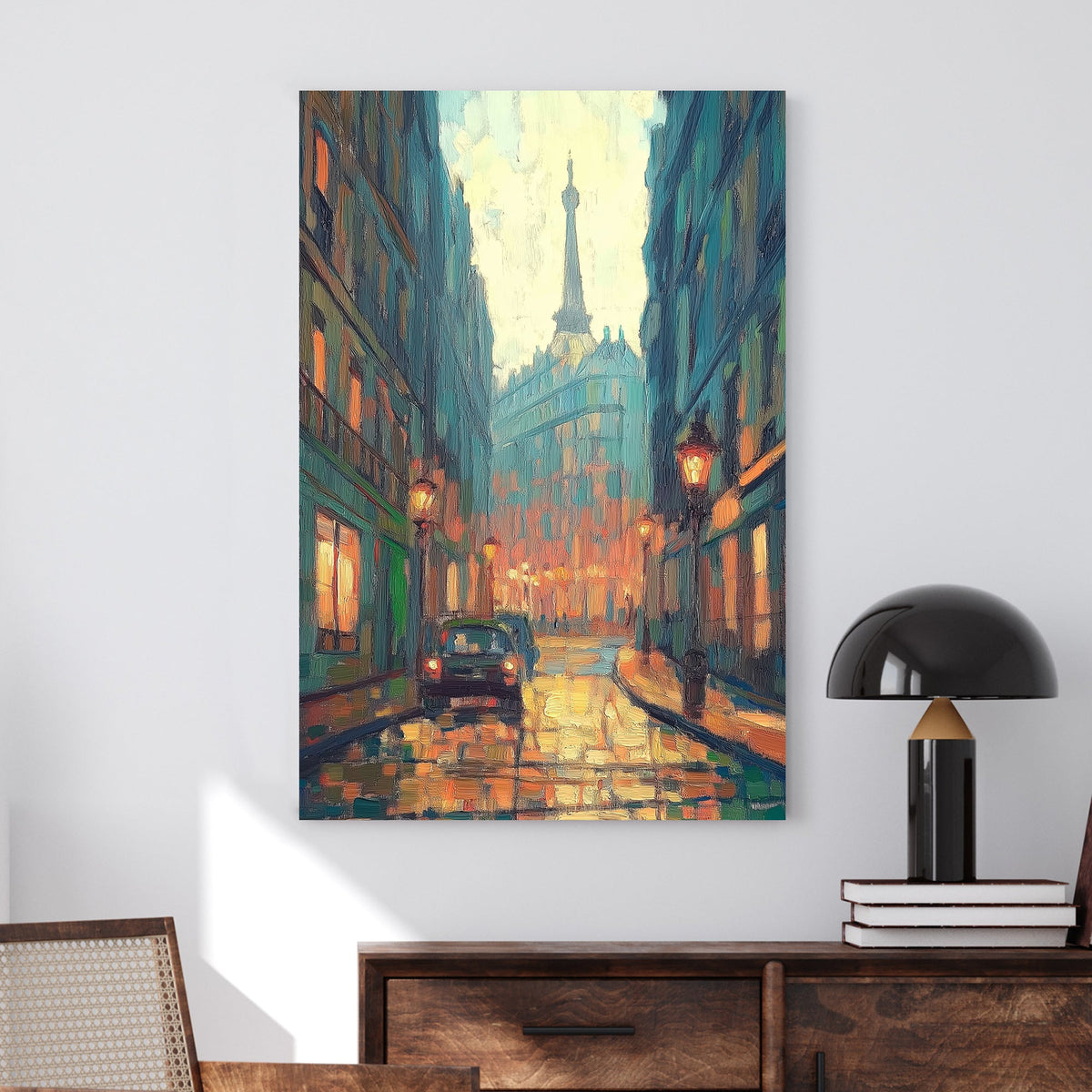 Oil wall art of a rainy Paris street at dusk, with glowing streetlights reflecting off the wet cobblestones and the Eiffel Tower in the distance.