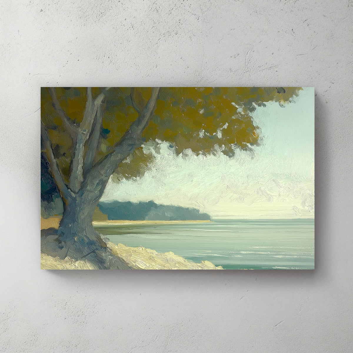Oil wall art of a serene coastal scene with a large tree overlooking calm waters under a soft, hazy sky.