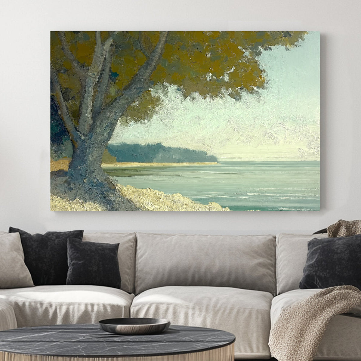 Oil wall art of a serene coastal scene with a large tree overlooking calm waters under a soft, hazy sky.