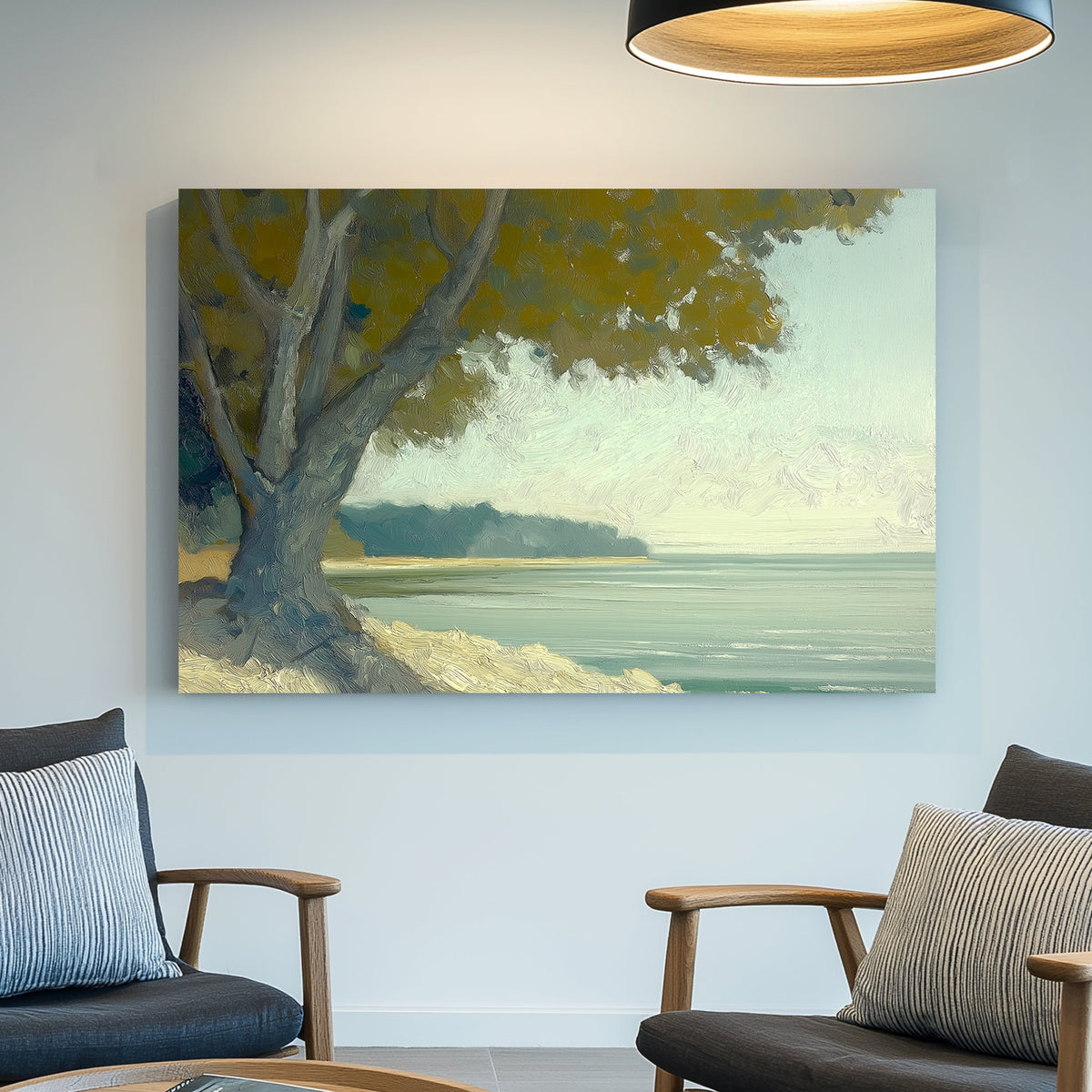 Oil wall art of a serene coastal scene with a large tree overlooking calm waters under a soft, hazy sky.