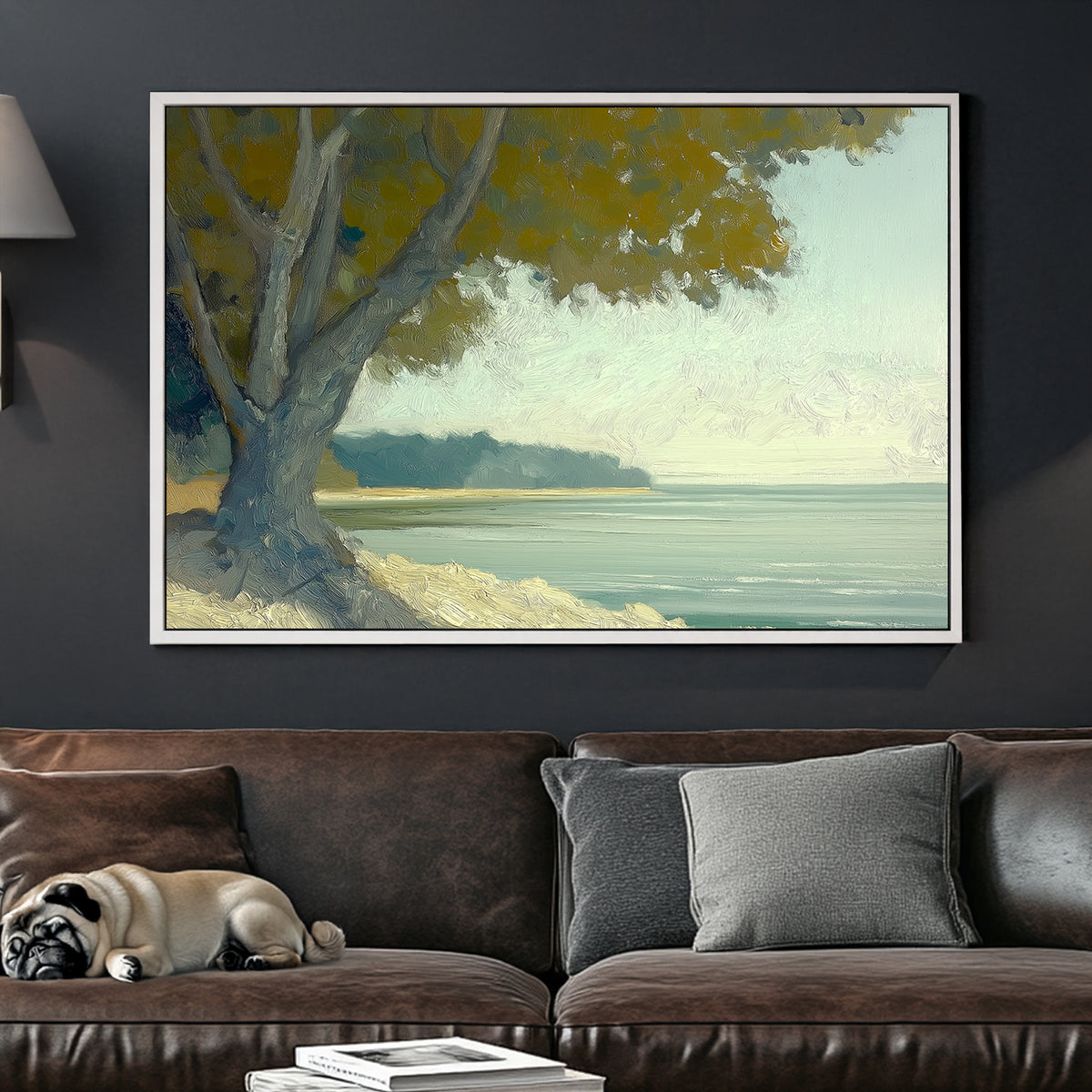 Oil wall art of a serene coastal scene with a large tree overlooking calm waters under a soft, hazy sky.