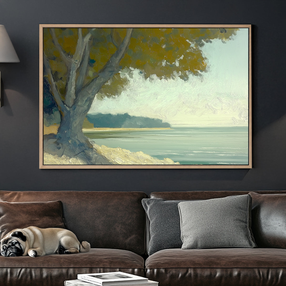 Oil wall art of a serene coastal scene with a large tree overlooking calm waters under a soft, hazy sky.