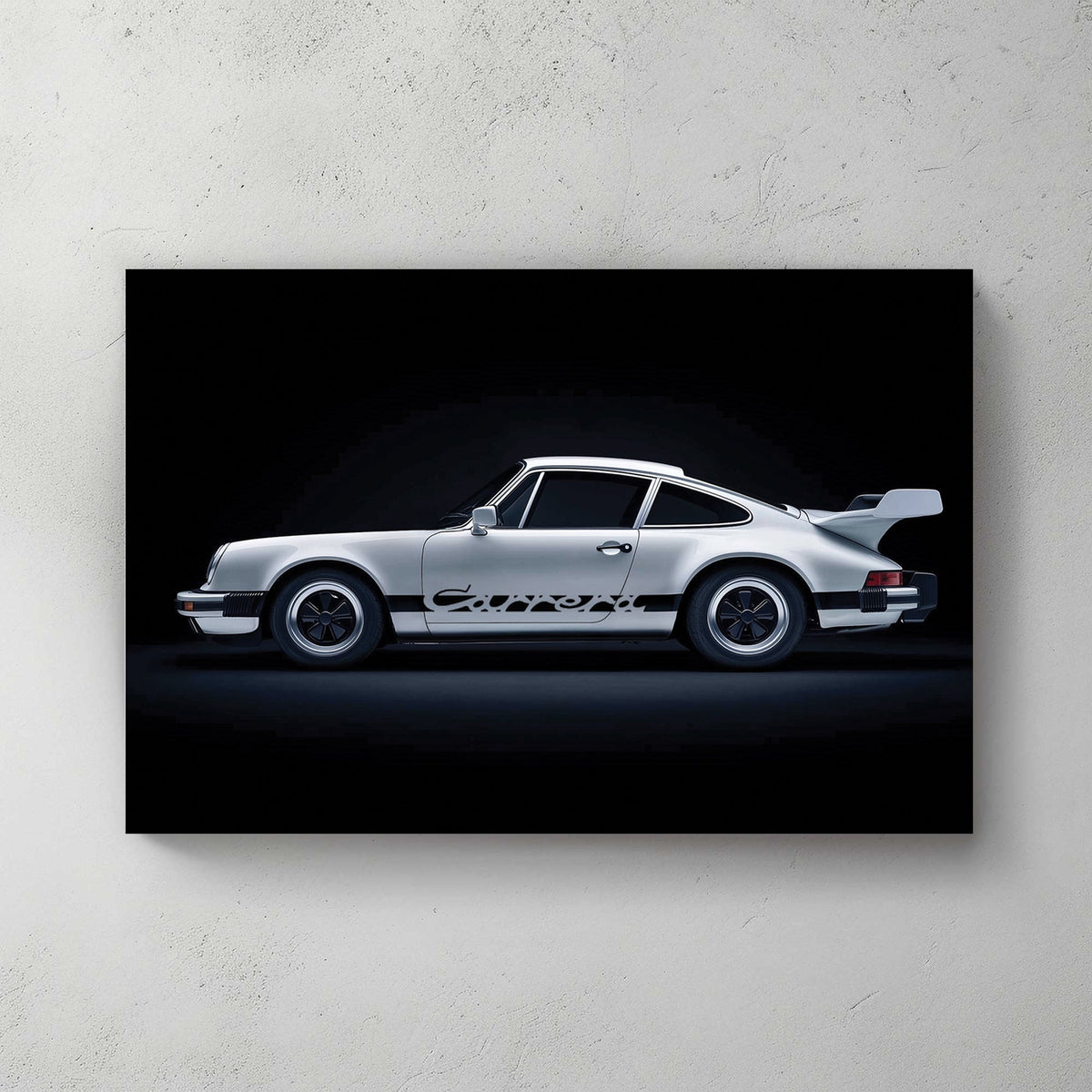 Artwork of a classic silver Porsche Carrera with black detailing, parked against a deep black background, showcasing its sleek design and vintage charm.