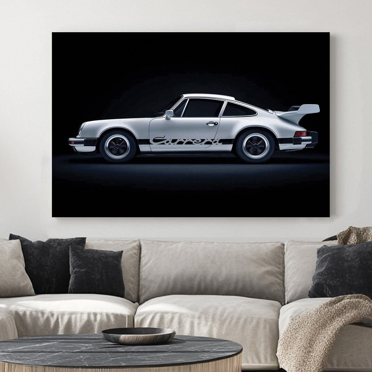 Artwork of a classic silver Porsche Carrera with black detailing, parked against a deep black background, showcasing its sleek design and vintage charm.