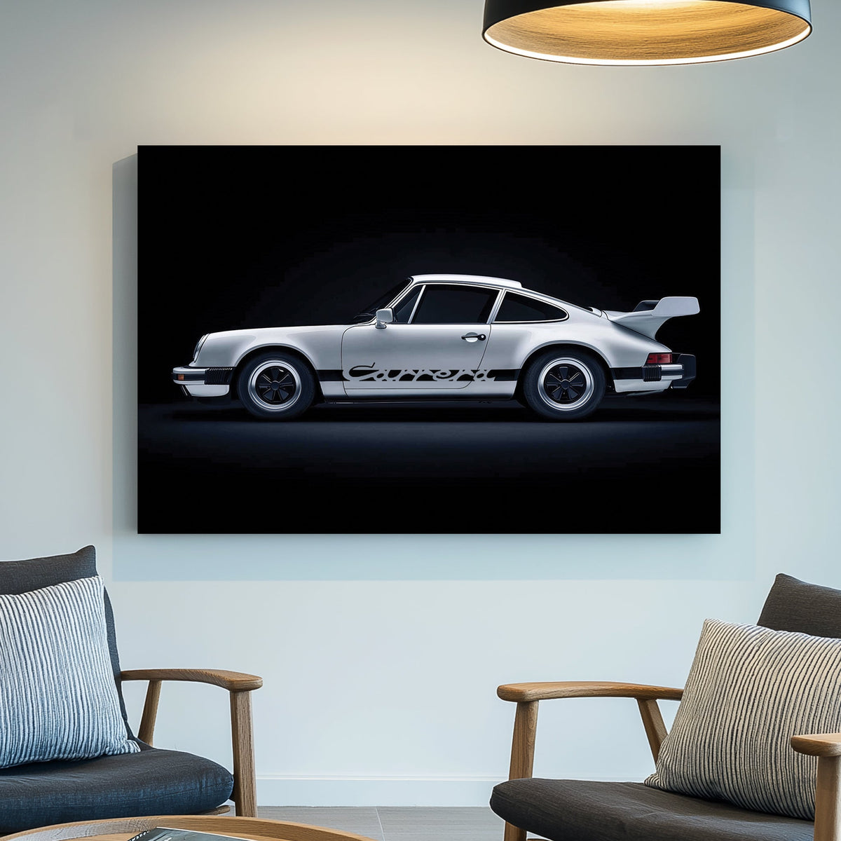 Artwork of a classic silver Porsche Carrera with black detailing, parked against a deep black background, showcasing its sleek design and vintage charm.