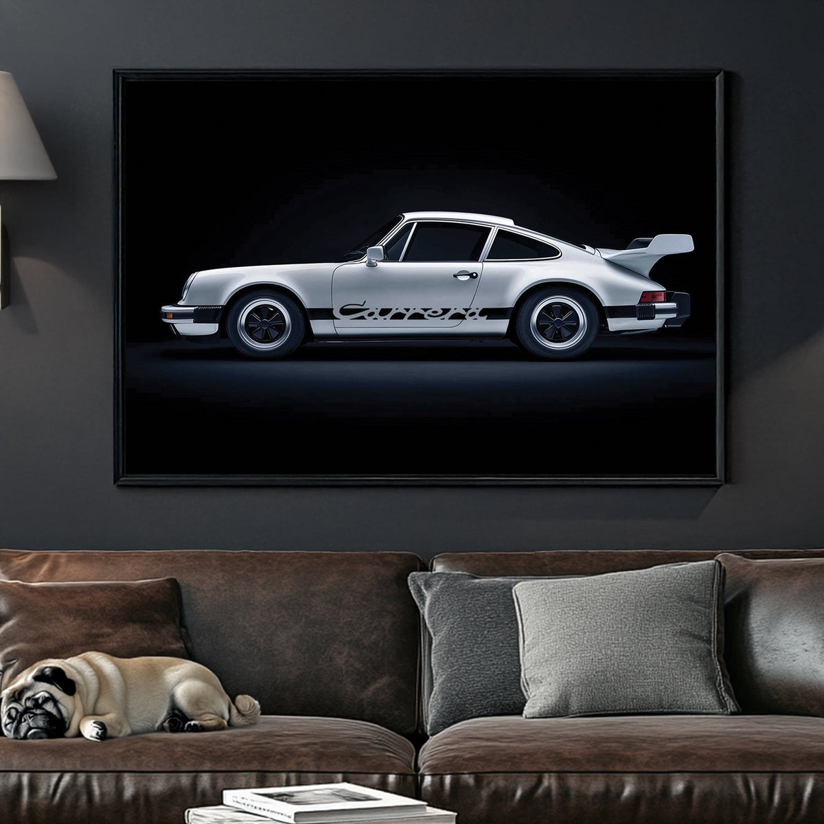 Artwork of a classic silver Porsche Carrera with black detailing, parked against a deep black background, showcasing its sleek design and vintage charm.