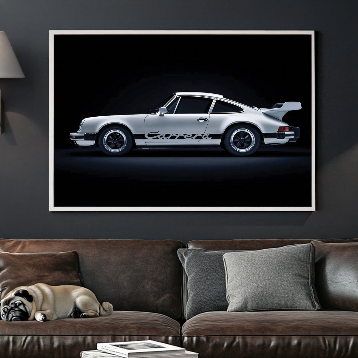 Artwork of a classic silver Porsche Carrera with black detailing, parked against a deep black background, showcasing its sleek design and vintage charm.