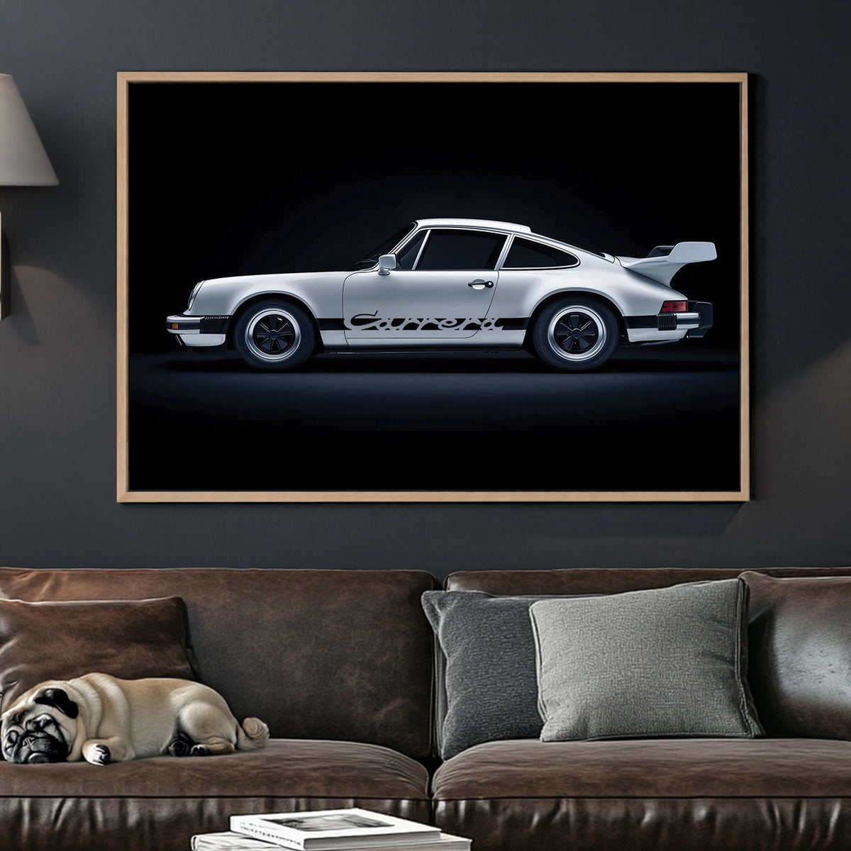 Artwork of a classic silver Porsche Carrera with black detailing, parked against a deep black background, showcasing its sleek design and vintage charm.