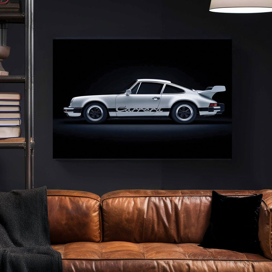 Artwork of a classic silver Porsche Carrera with black detailing, parked against a deep black background, showcasing its sleek design and vintage charm.