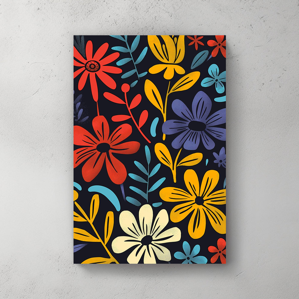 Modern floral artwork with bold red, yellow, blue, and white flowers on a black background, featuring a pop-art inspired design.