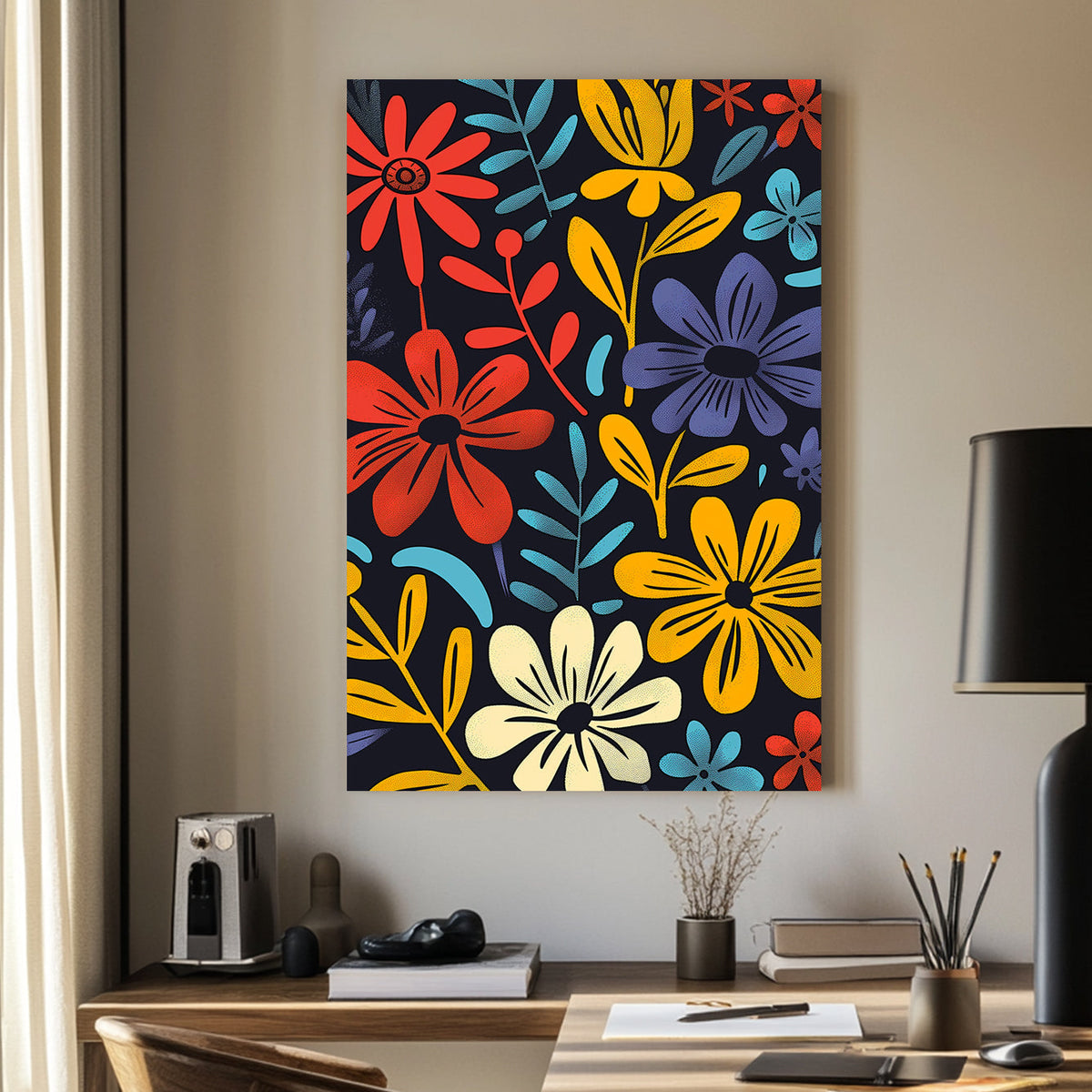 Modern floral artwork with bold red, yellow, blue, and white flowers on a black background, featuring a pop-art inspired design.