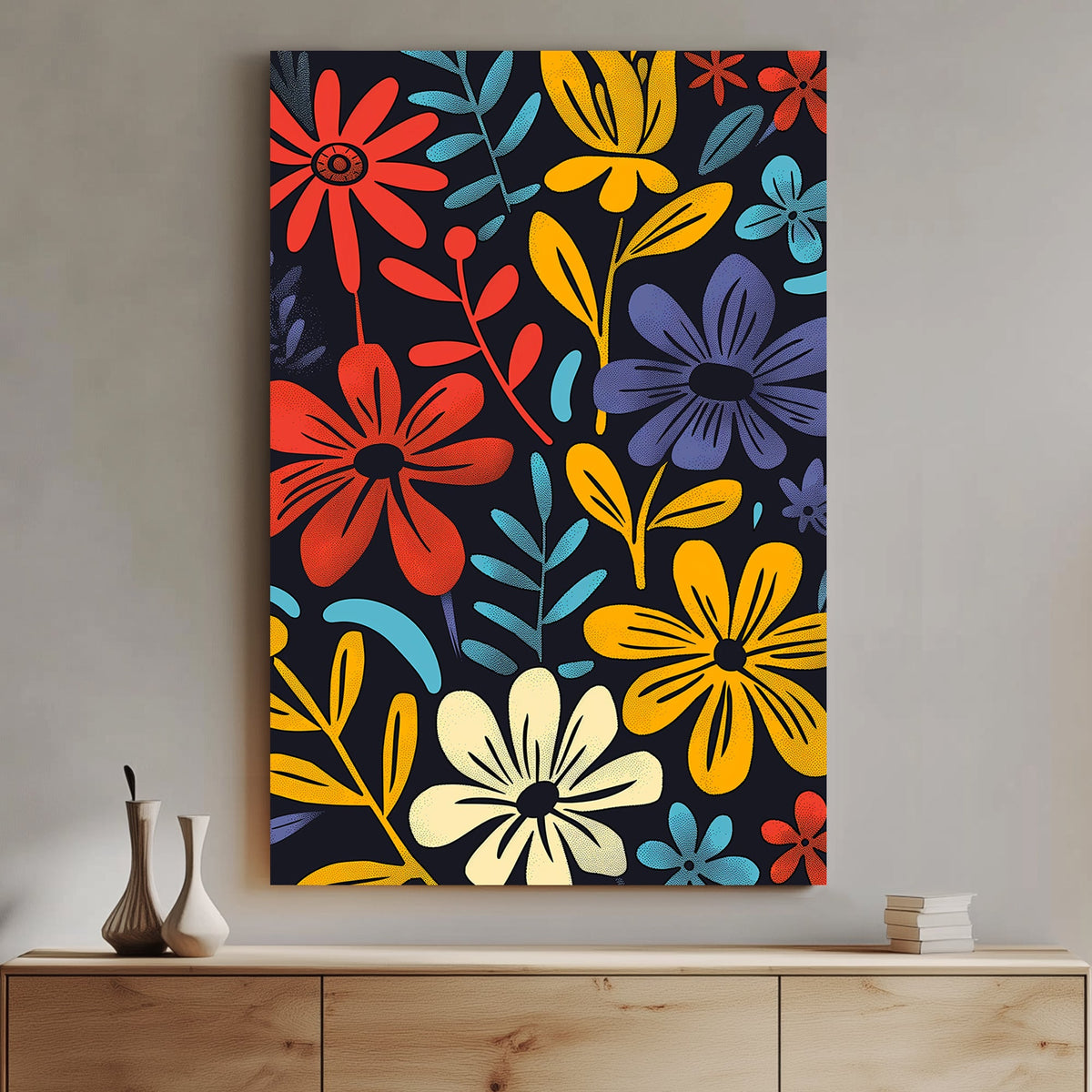 Modern floral artwork with bold red, yellow, blue, and white flowers on a black background, featuring a pop-art inspired design.