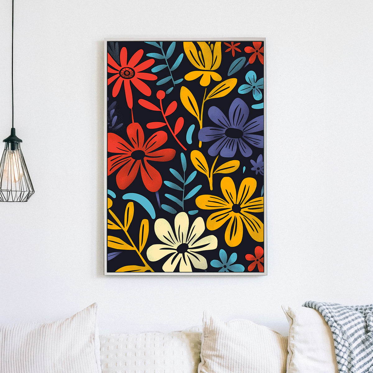 Modern floral artwork with bold red, yellow, blue, and white flowers on a black background, featuring a pop-art inspired design.