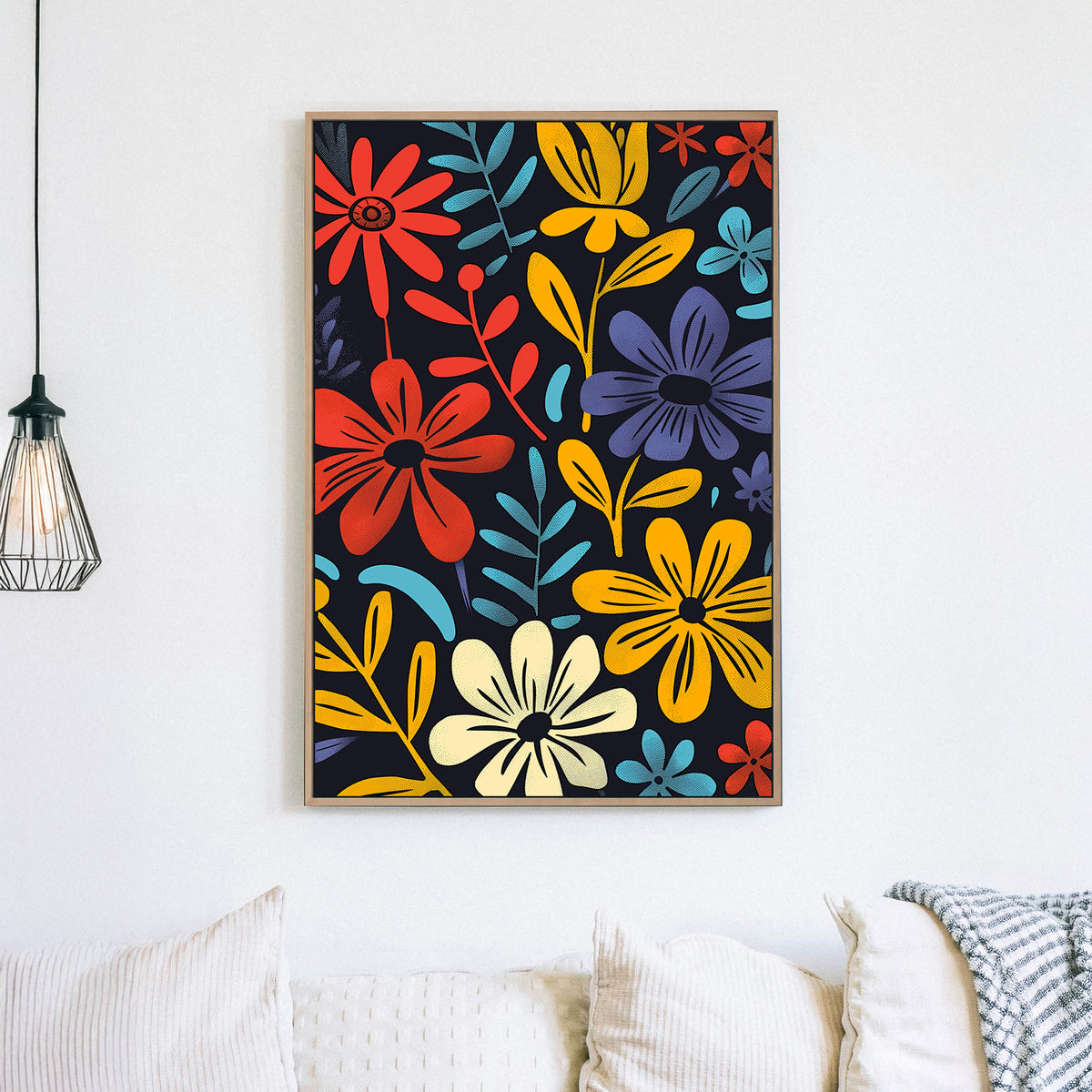 Modern floral artwork with bold red, yellow, blue, and white flowers on a black background, featuring a pop-art inspired design.