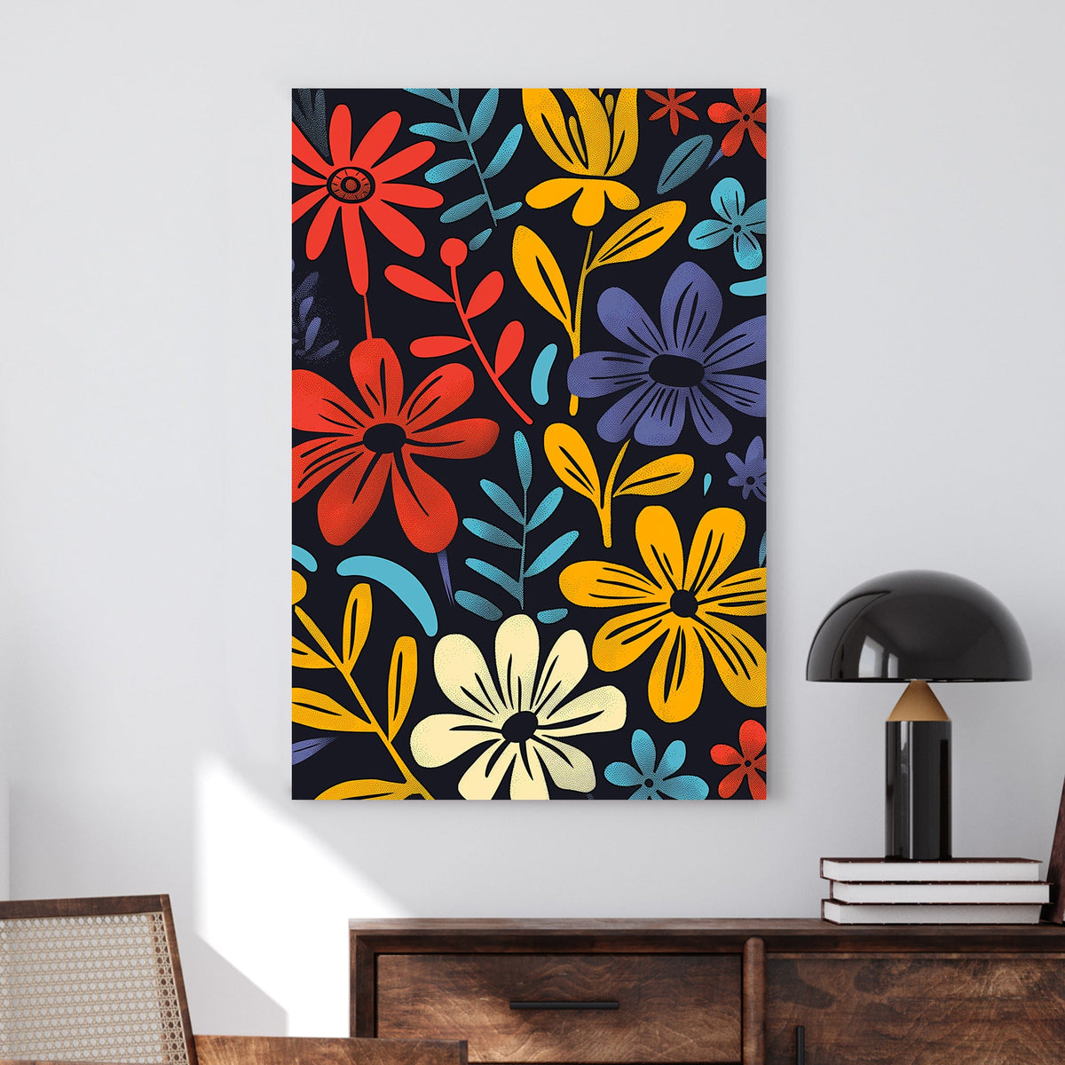 Modern floral artwork with bold red, yellow, blue, and white flowers on a black background, featuring a pop-art inspired design.