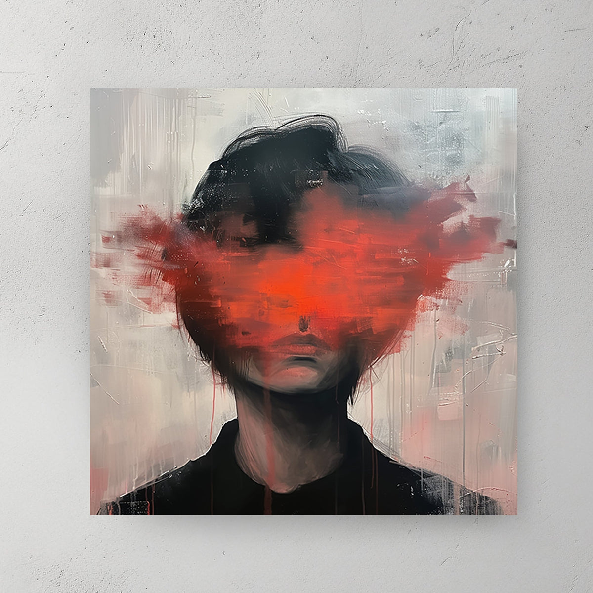 Abstract portrait of a person with a red paint explosion covering their face, blending modern expressionism and contemporary art styles.
