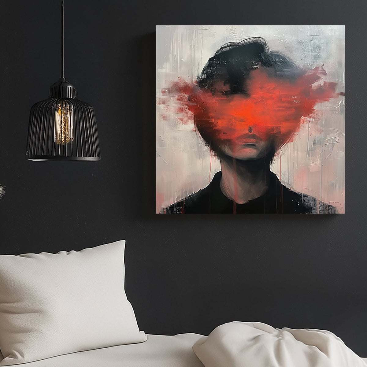 Abstract portrait of a person with a red paint explosion covering their face, blending modern expressionism and contemporary art styles.