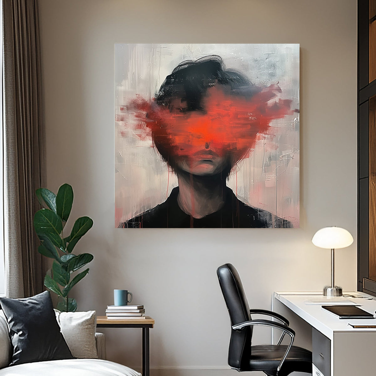 Abstract portrait of a person with a red paint explosion covering their face, blending modern expressionism and contemporary art styles.
