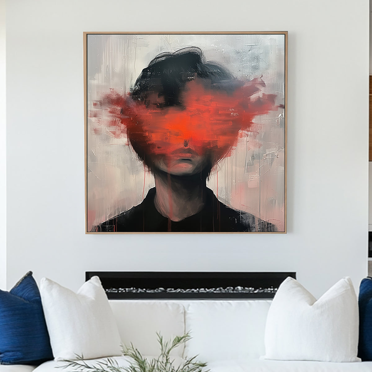 Abstract portrait of a person with a red paint explosion covering their face, blending modern expressionism and contemporary art styles.