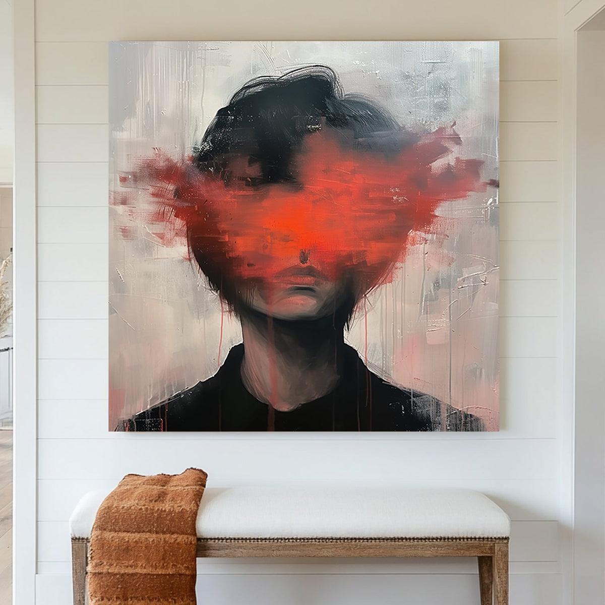 Abstract portrait of a person with a red paint explosion covering their face, blending modern expressionism and contemporary art styles.