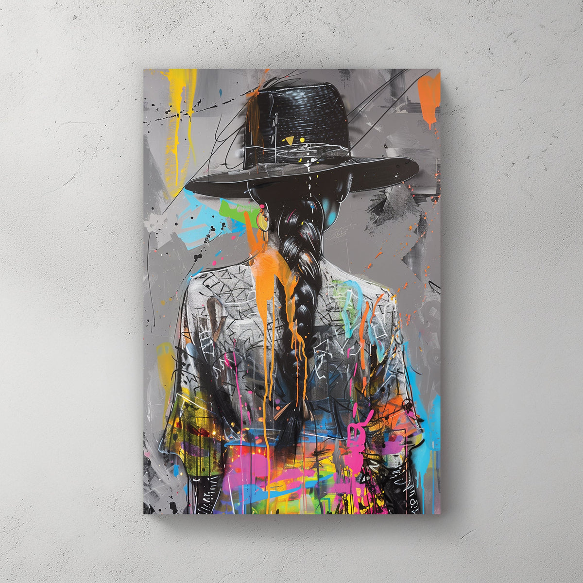 Graffiti-style artwork of a woman in a hat with a long braid, accented by vibrant neon splashes on a grayscale background.