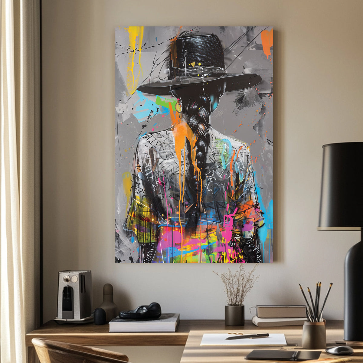Graffiti-style artwork of a woman in a hat with a long braid, accented by vibrant neon splashes on a grayscale background.