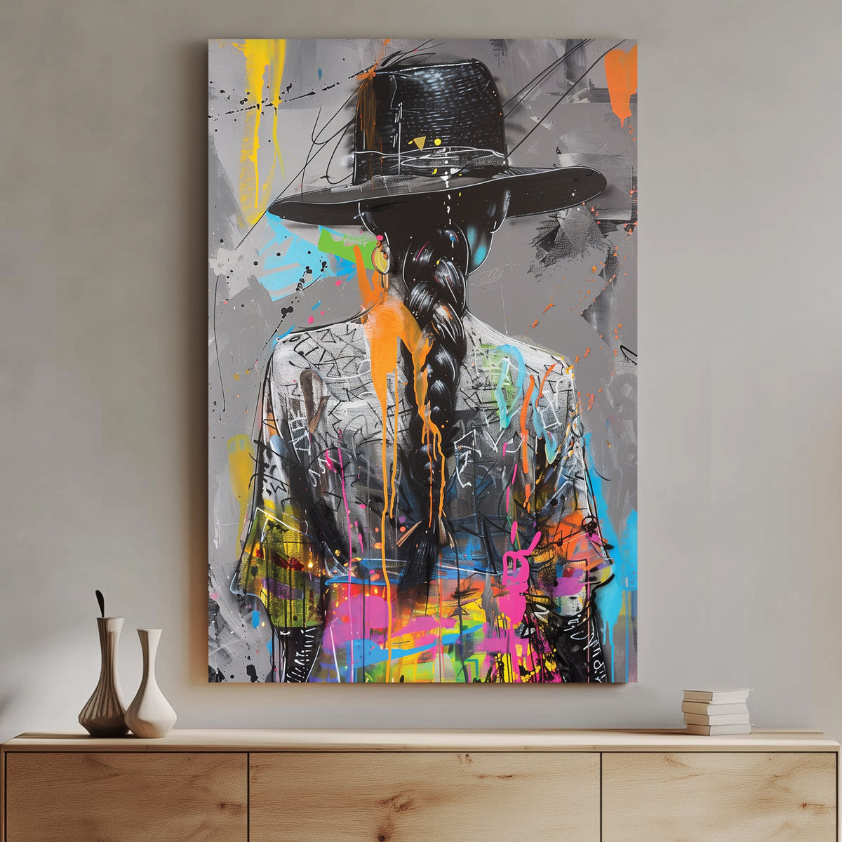 Graffiti-style artwork of a woman in a hat with a long braid, accented by vibrant neon splashes on a grayscale background.