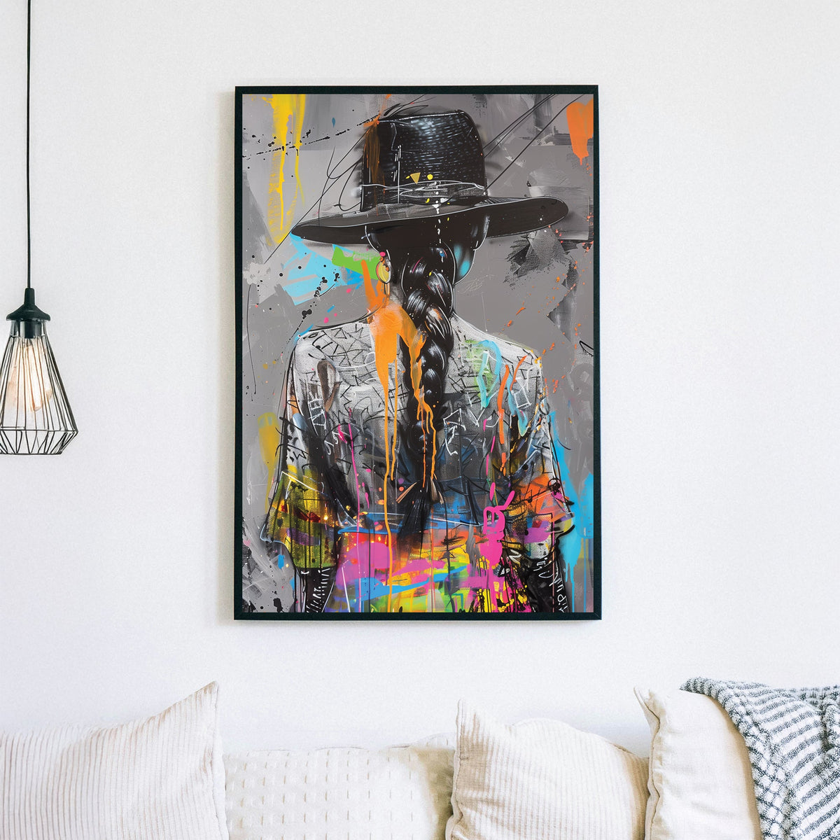 Graffiti-style artwork of a woman in a hat with a long braid, accented by vibrant neon splashes on a grayscale background.
