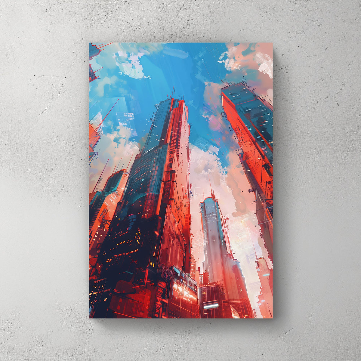 Futuristic cyberpunk city skyline with towering neon-lit skyscrapers against a vibrant blue sky.
