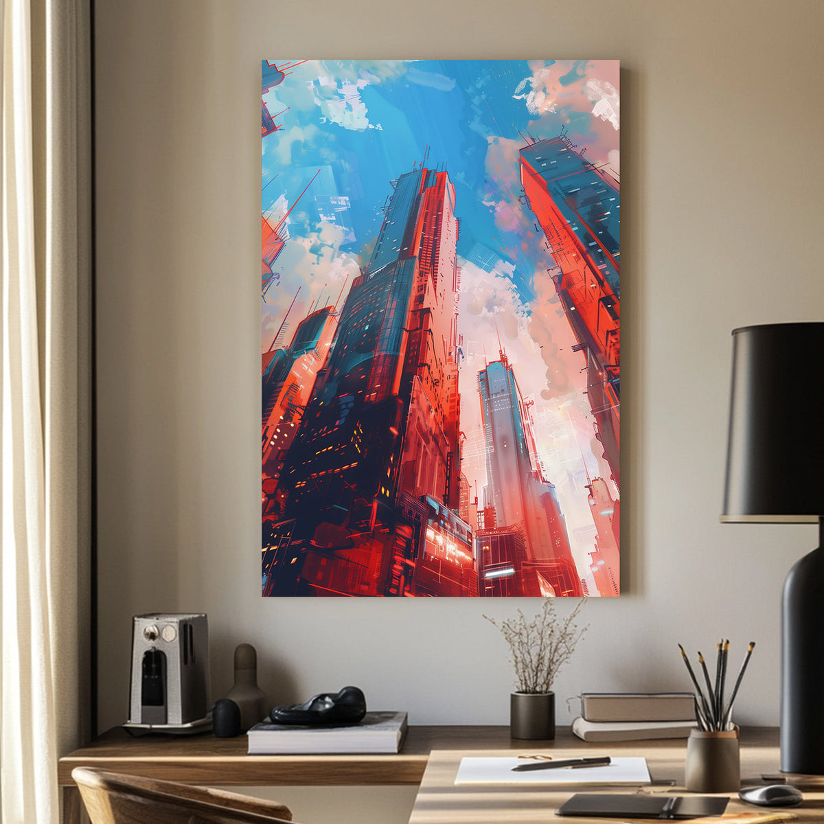 Futuristic cyberpunk city skyline with towering neon-lit skyscrapers against a vibrant blue sky.