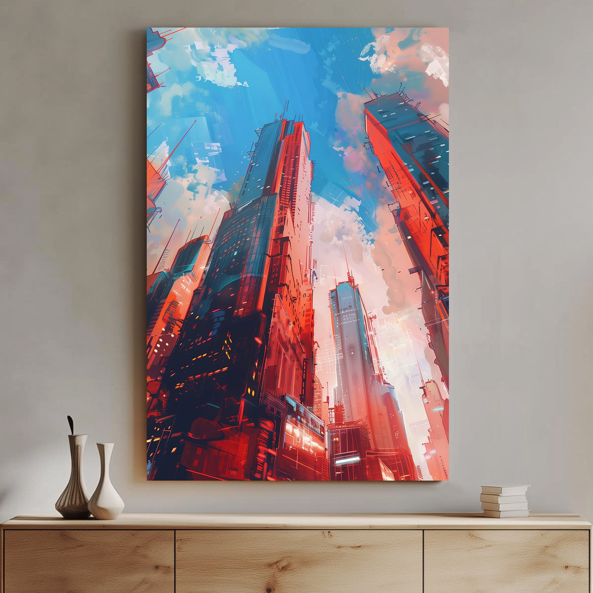 Futuristic cyberpunk city skyline with towering neon-lit skyscrapers against a vibrant blue sky.