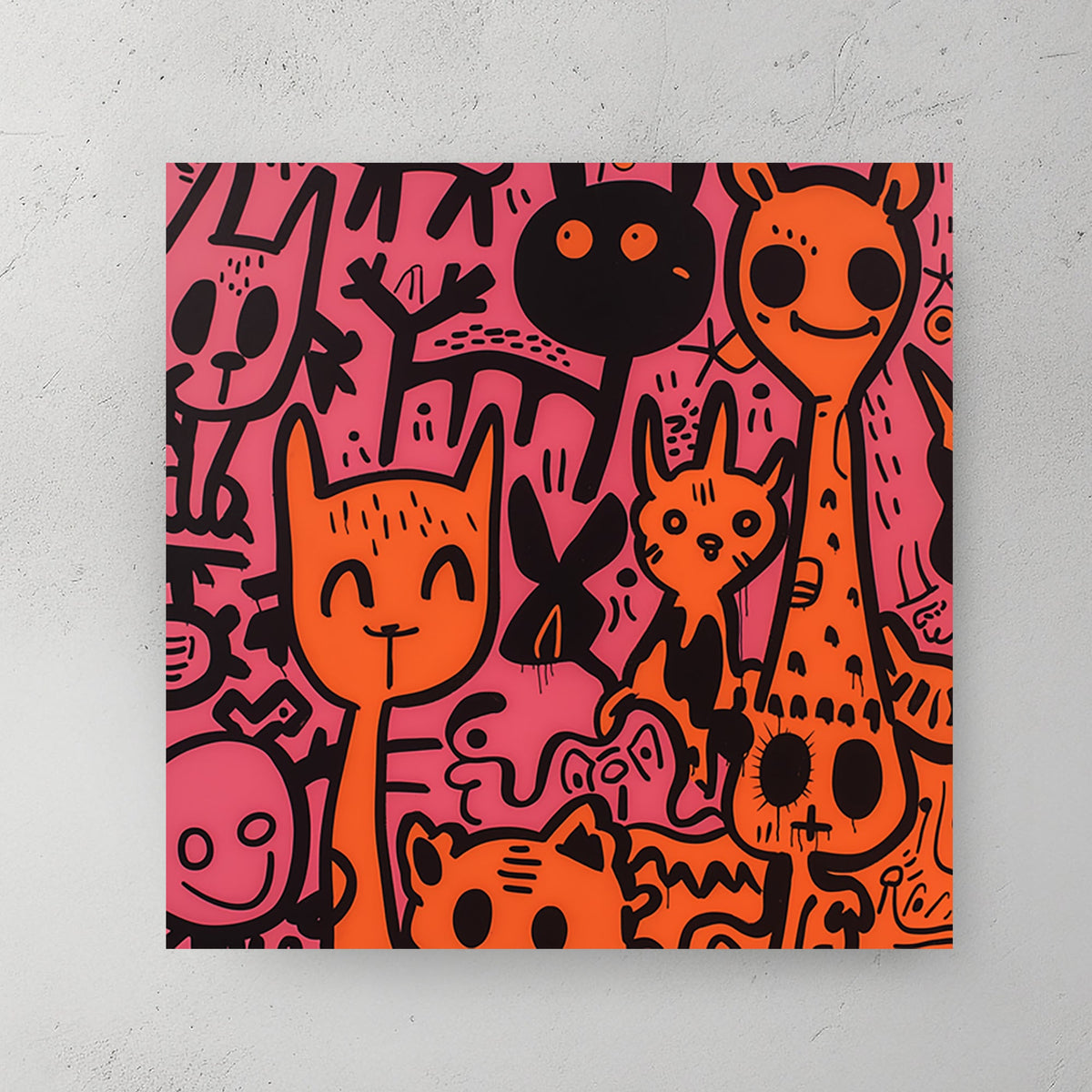 Graffiti-style illustration of playful cartoon animals in bold black, orange, and pink.