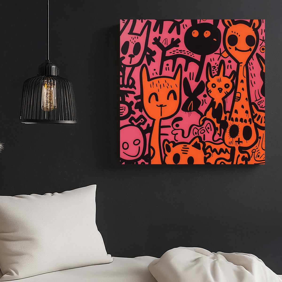 Graffiti-style illustration of playful cartoon animals in bold black, orange, and pink.