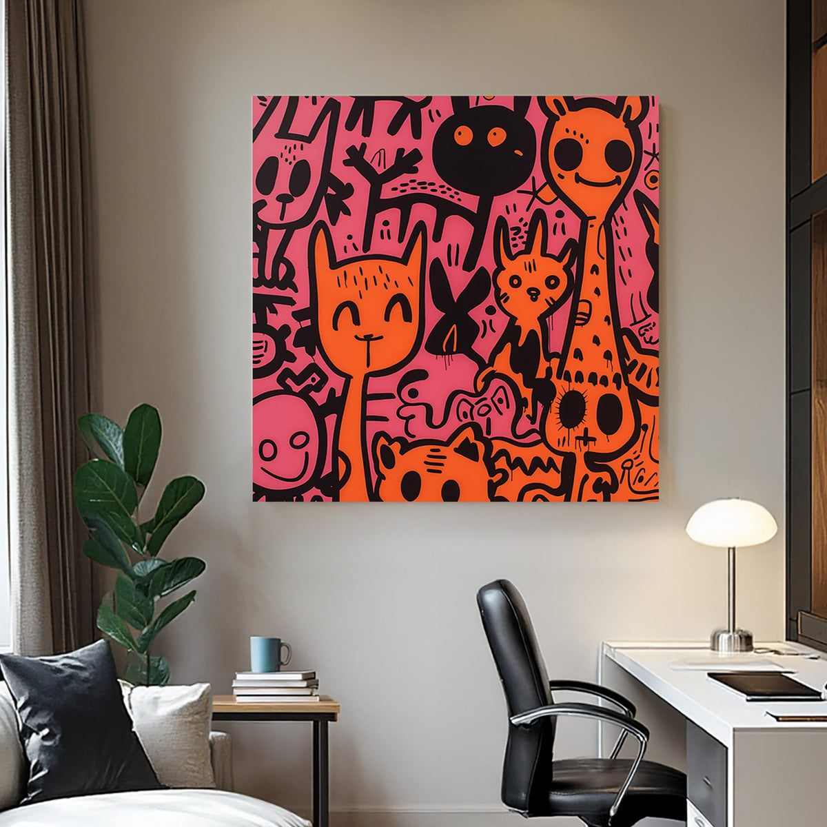 Graffiti-style illustration of playful cartoon animals in bold black, orange, and pink.