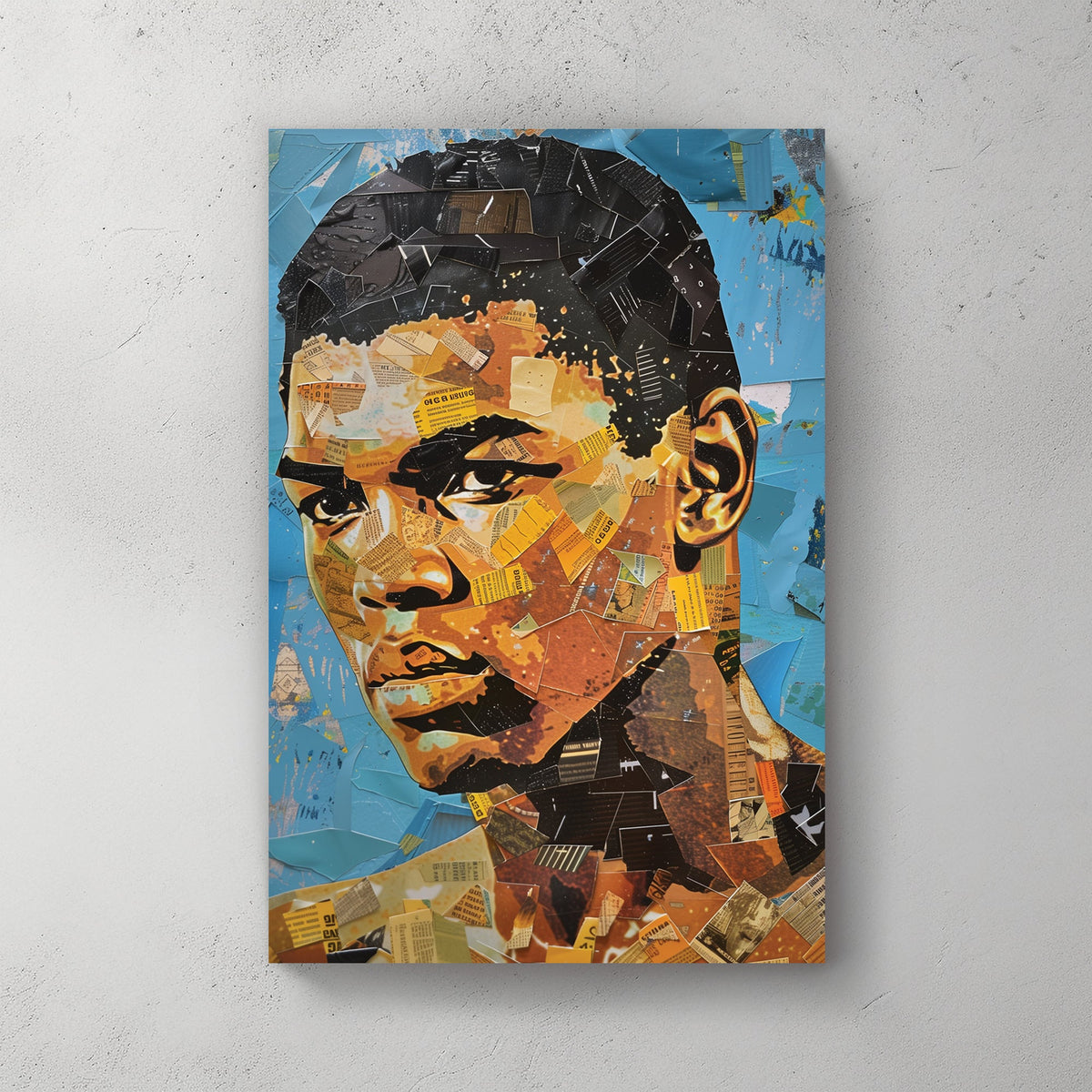 Collage-style portrait artwork featuring mixed media elements, newspaper clippings, and bold colours.