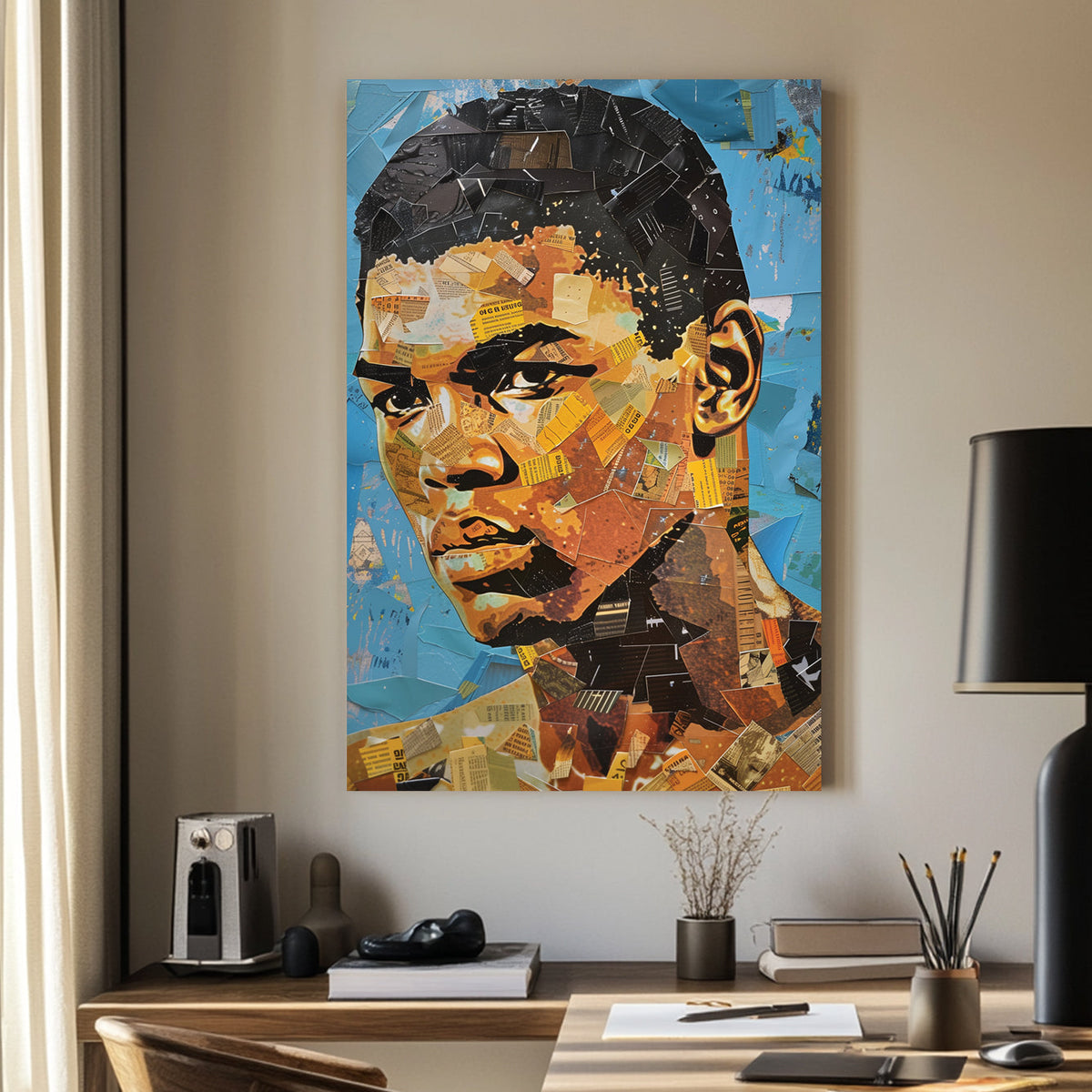 Collage-style portrait artwork featuring mixed media elements, newspaper clippings, and bold colours.