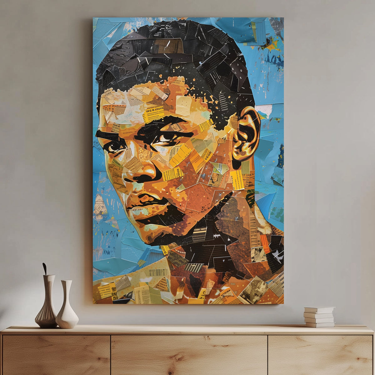 Collage-style portrait artwork featuring mixed media elements, newspaper clippings, and bold colours.
