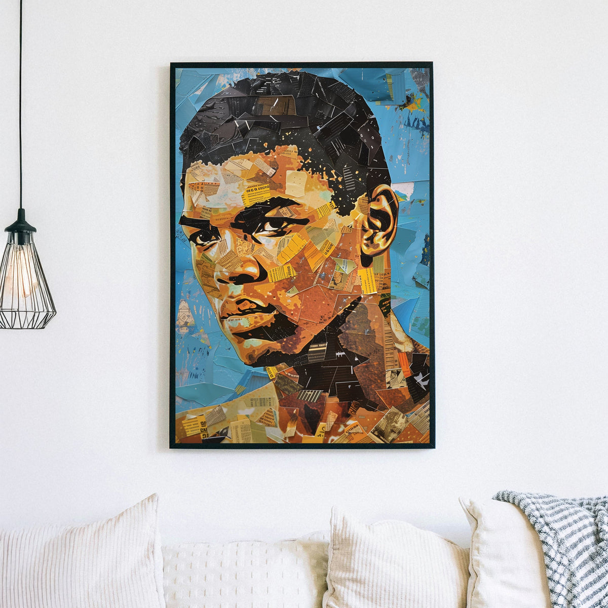 Collage-style portrait artwork featuring mixed media elements, newspaper clippings, and bold colours.