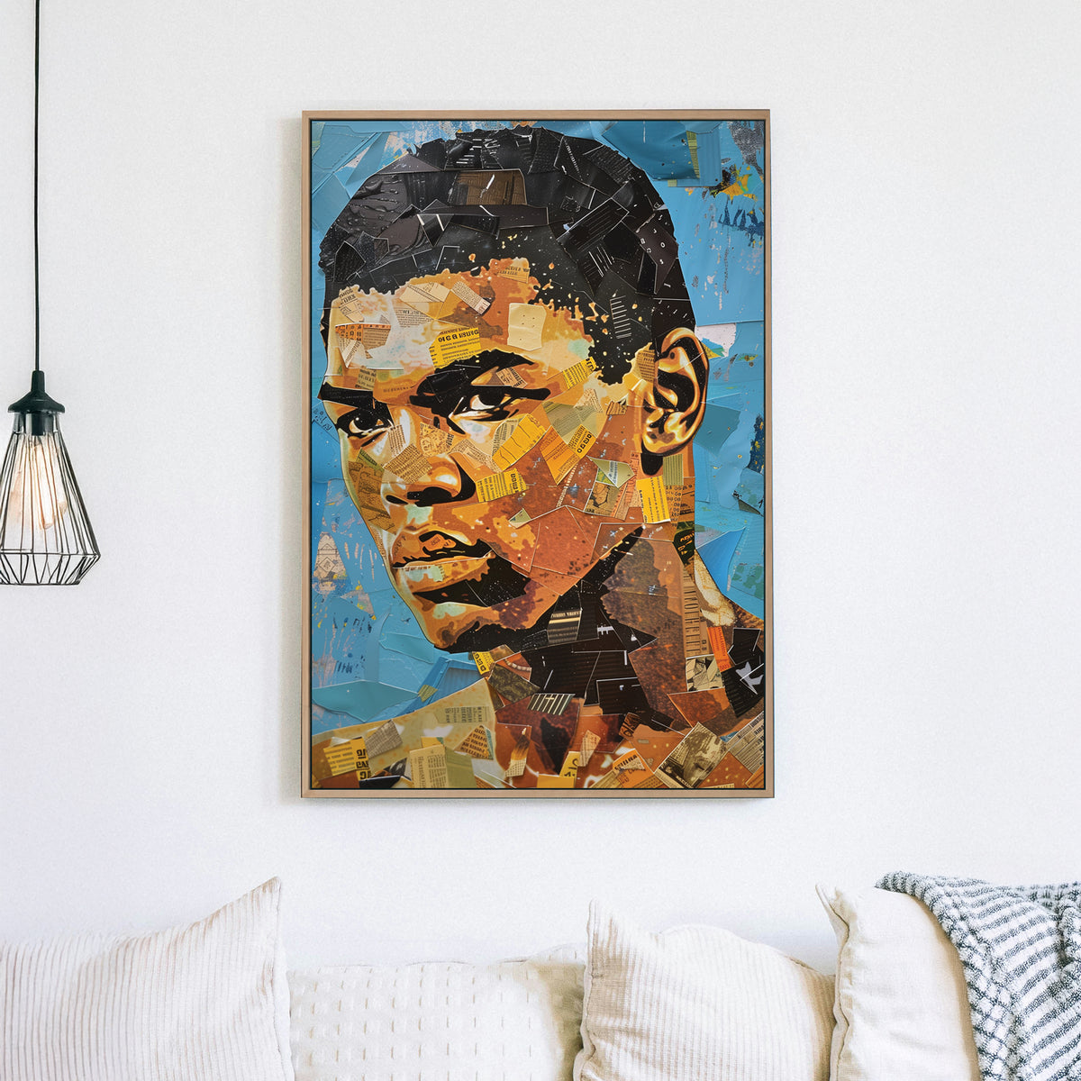 Collage-style portrait artwork featuring mixed media elements, newspaper clippings, and bold colours.