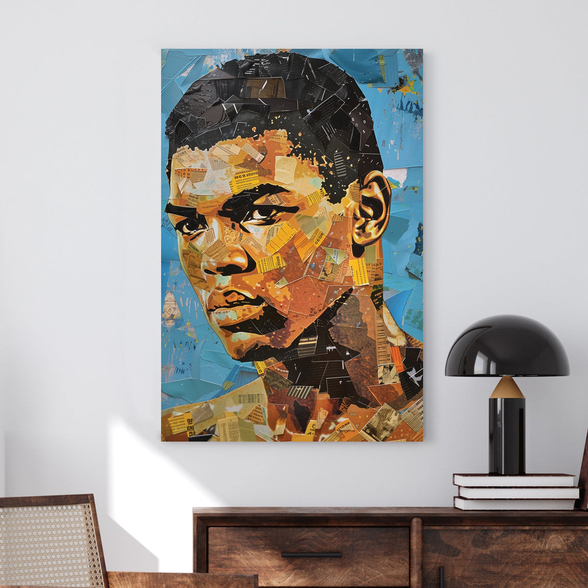 Collage-style portrait artwork featuring mixed media elements, newspaper clippings, and bold colours.