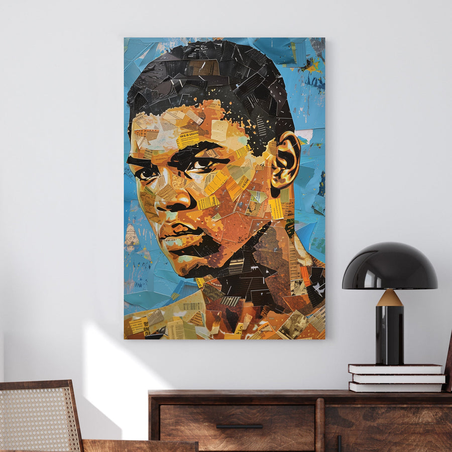 Collage-style portrait artwork featuring mixed media elements, newspaper clippings, and bold colours.