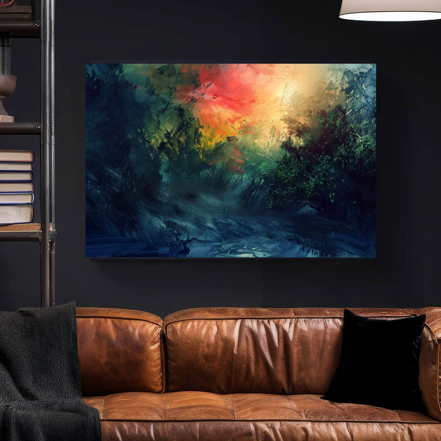 Abstract forest landscape with dramatic light and shadow, featuring deep blues, greens, and fiery orange hues.
