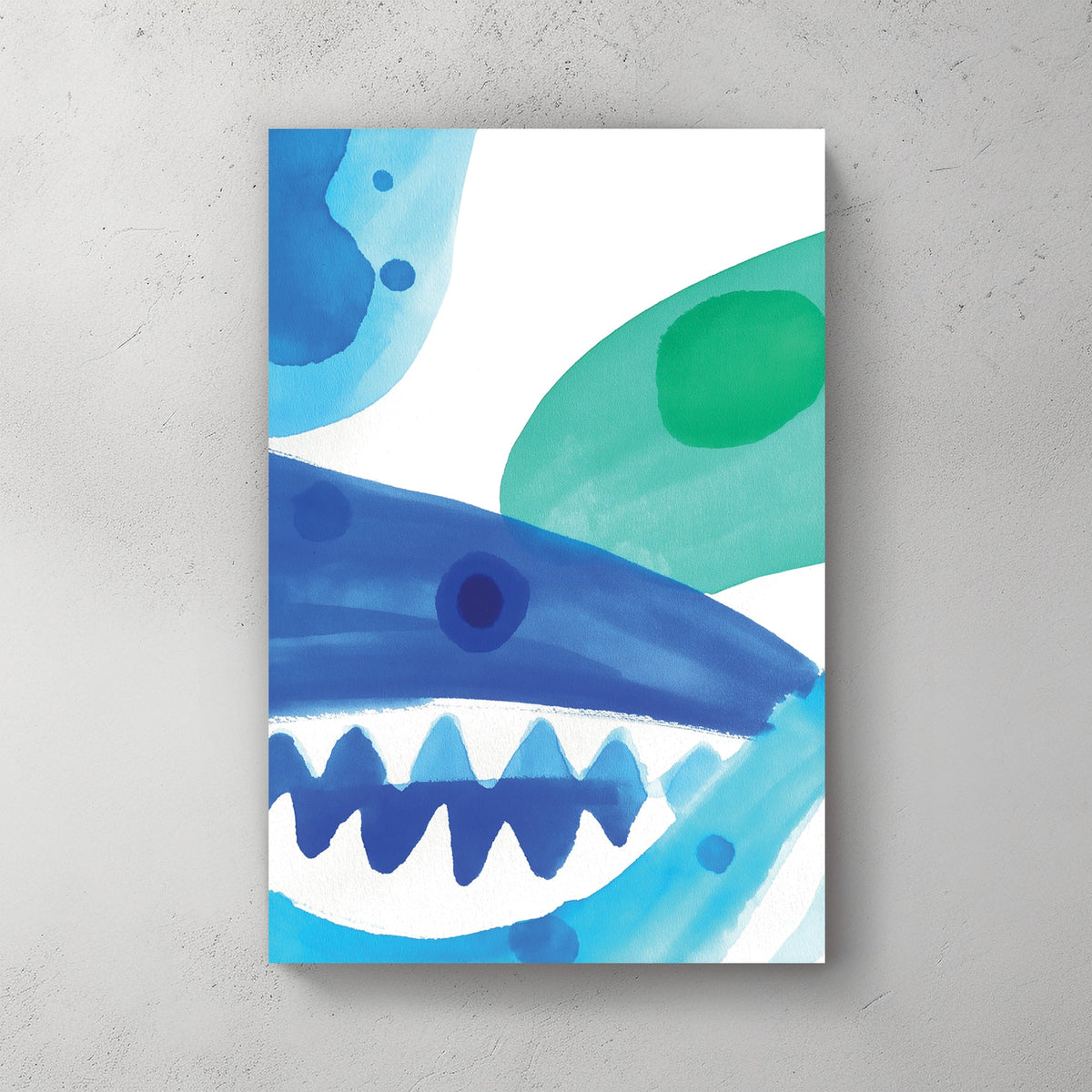 Watercolour wall art of a stylized blue shark with green abstract splashes.
