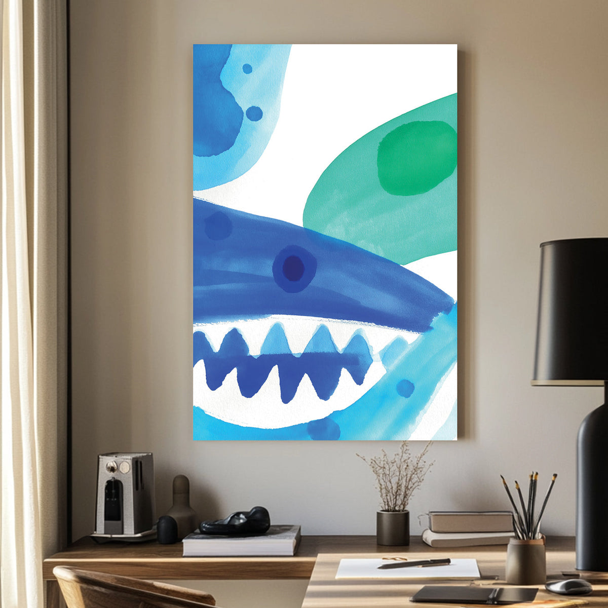 Watercolour wall art of a stylized blue shark with green abstract splashes.