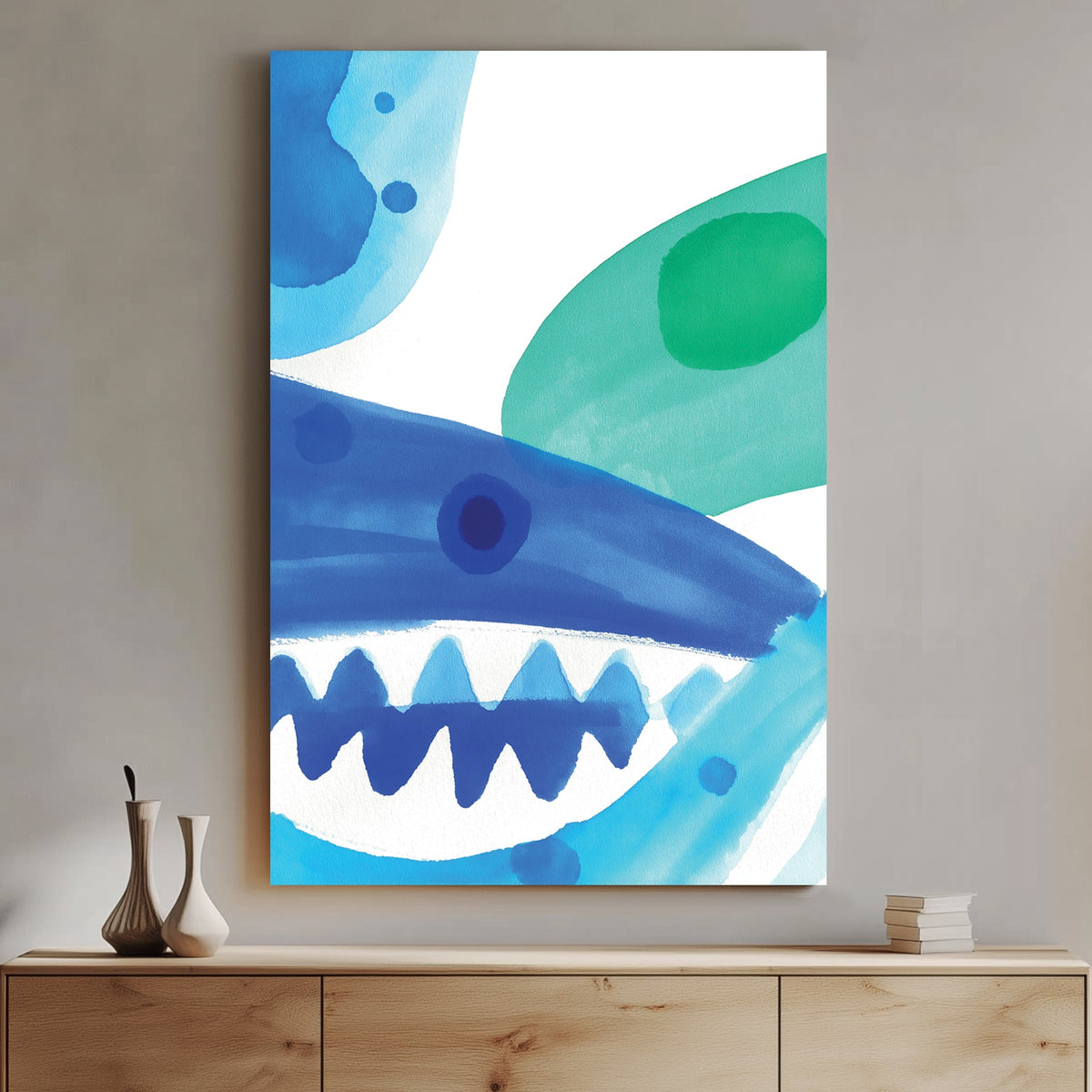 Watercolour wall art of a stylized blue shark with green abstract splashes.