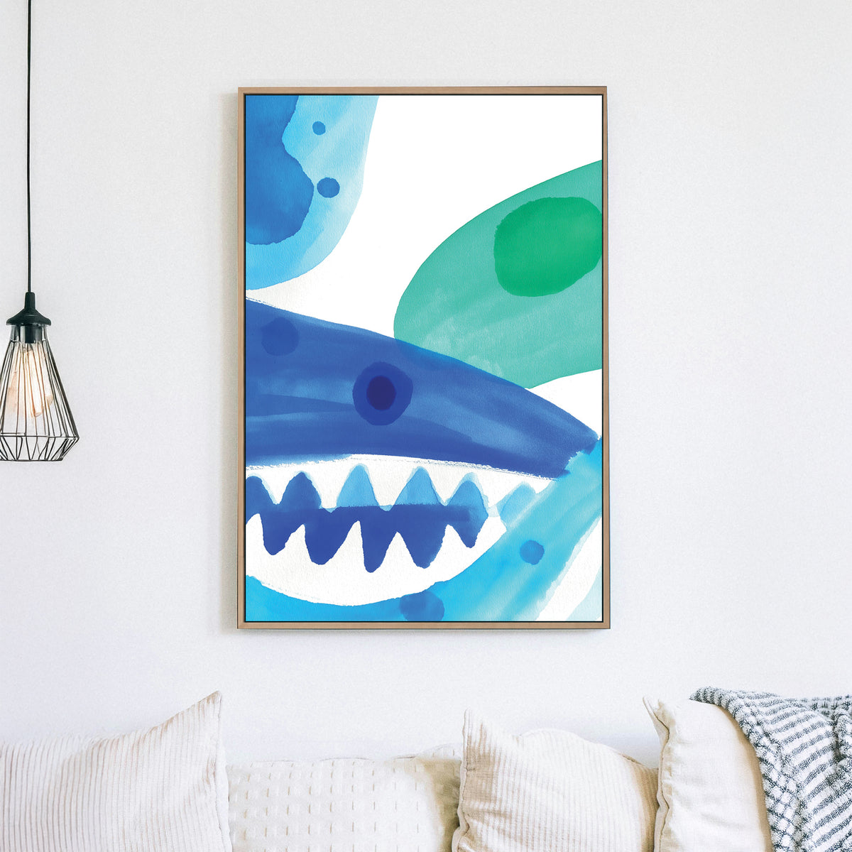Watercolour wall art of a stylized blue shark with green abstract splashes.