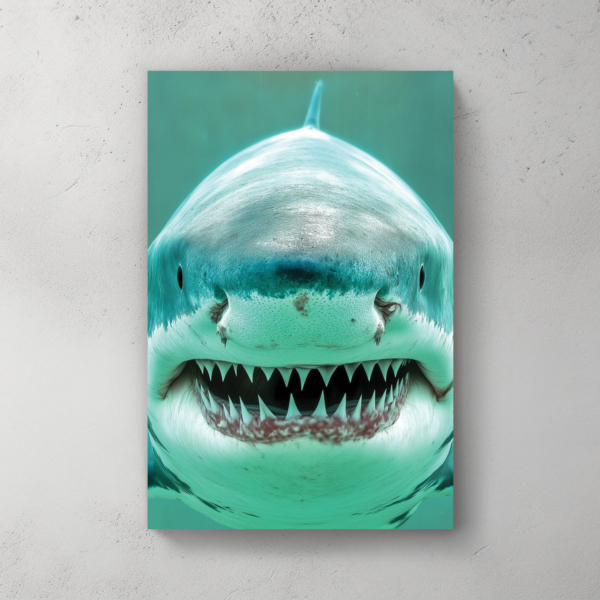 Close-up digital artwork of a great white shark with a menacing grin, highlighting its sharp teeth and deep blue ocean hues.