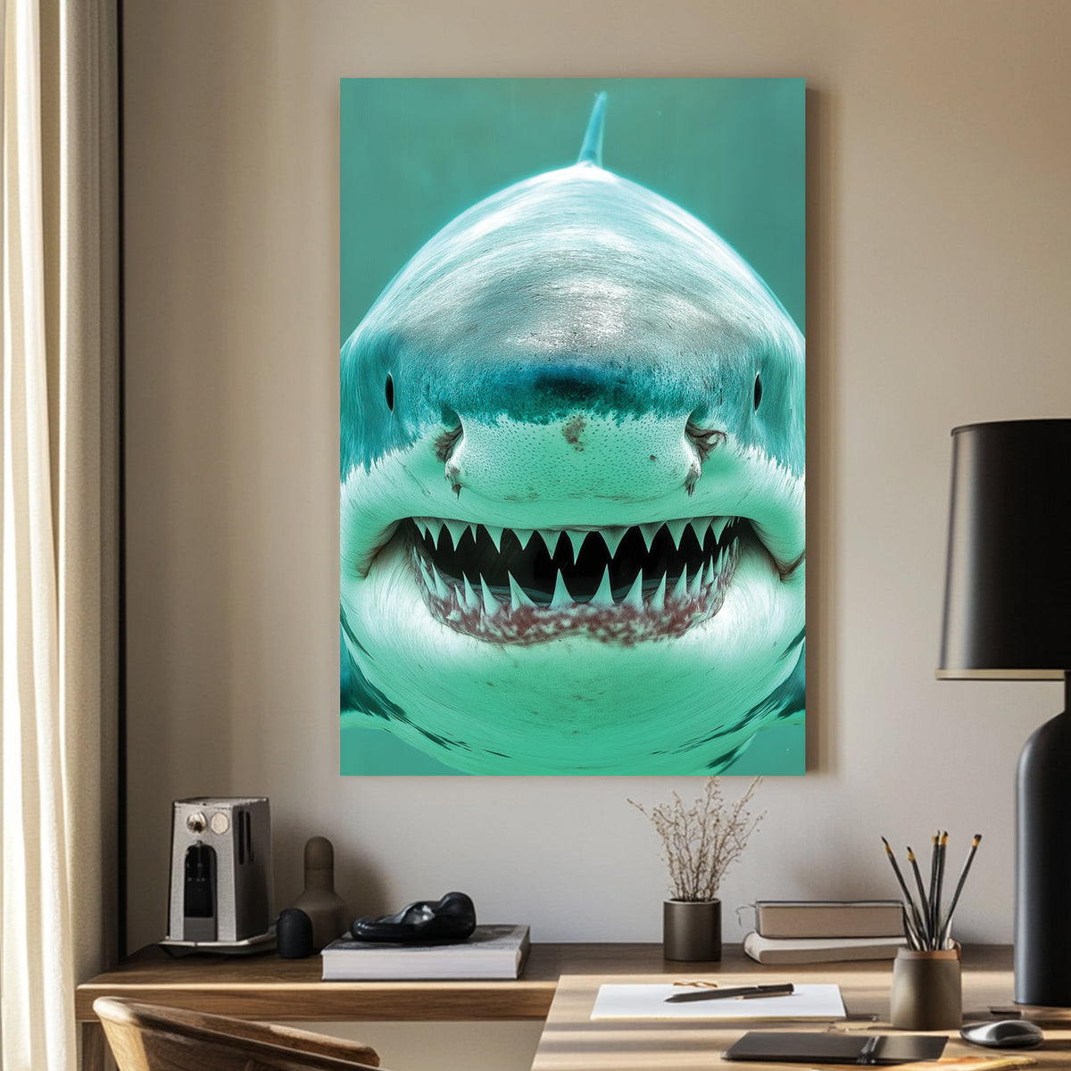 Close-up digital artwork of a great white shark with a menacing grin, highlighting its sharp teeth and deep blue ocean hues.