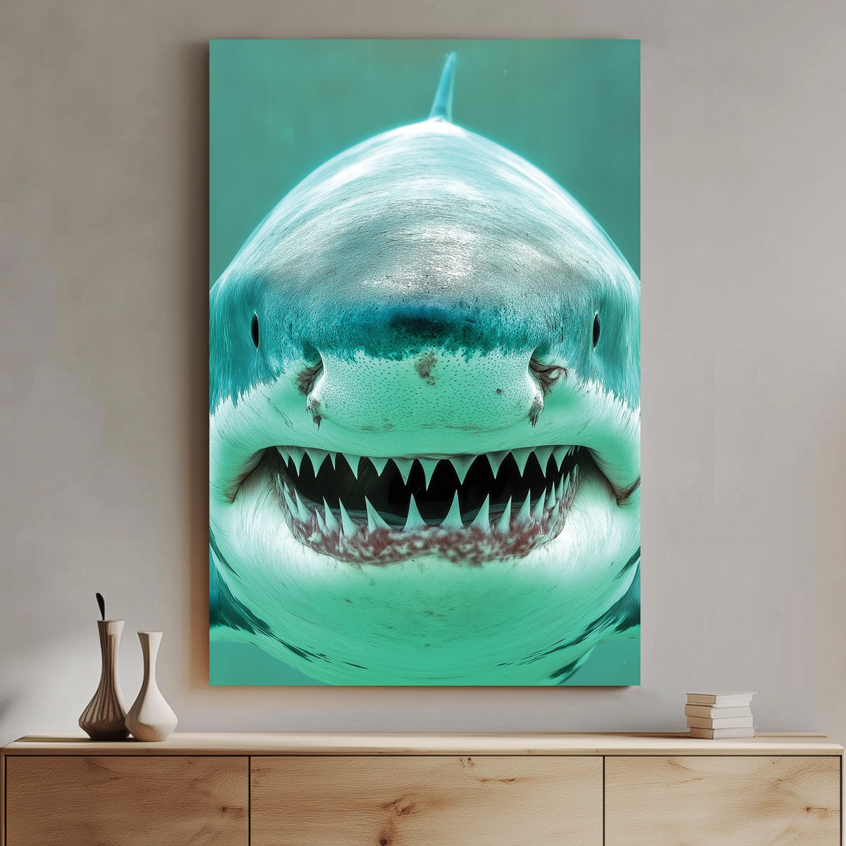 Close-up digital artwork of a great white shark with a menacing grin, highlighting its sharp teeth and deep blue ocean hues.